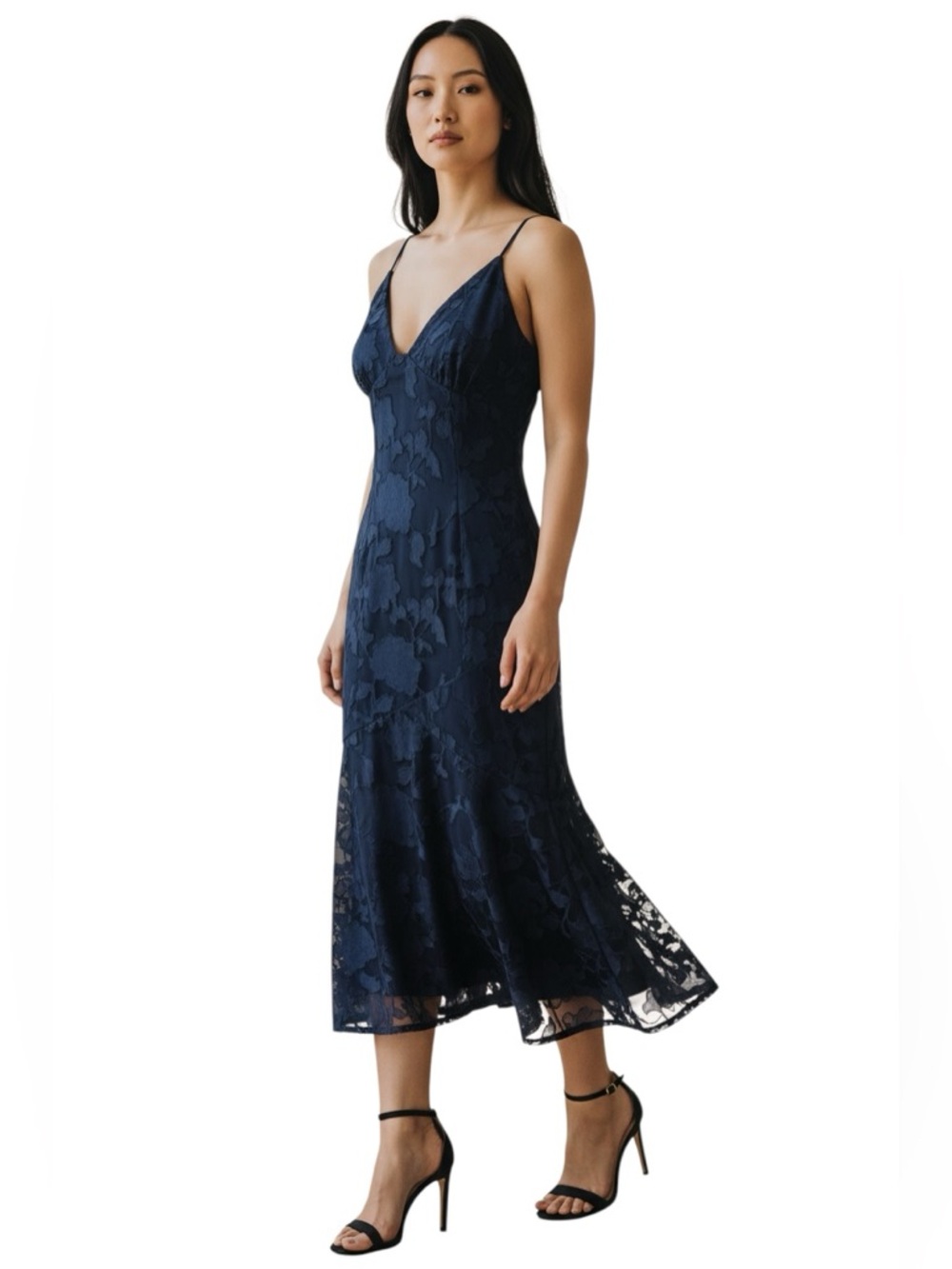 RIHOAS Navy blue jacquard floral Midi dress v-neck straps mermaid size small